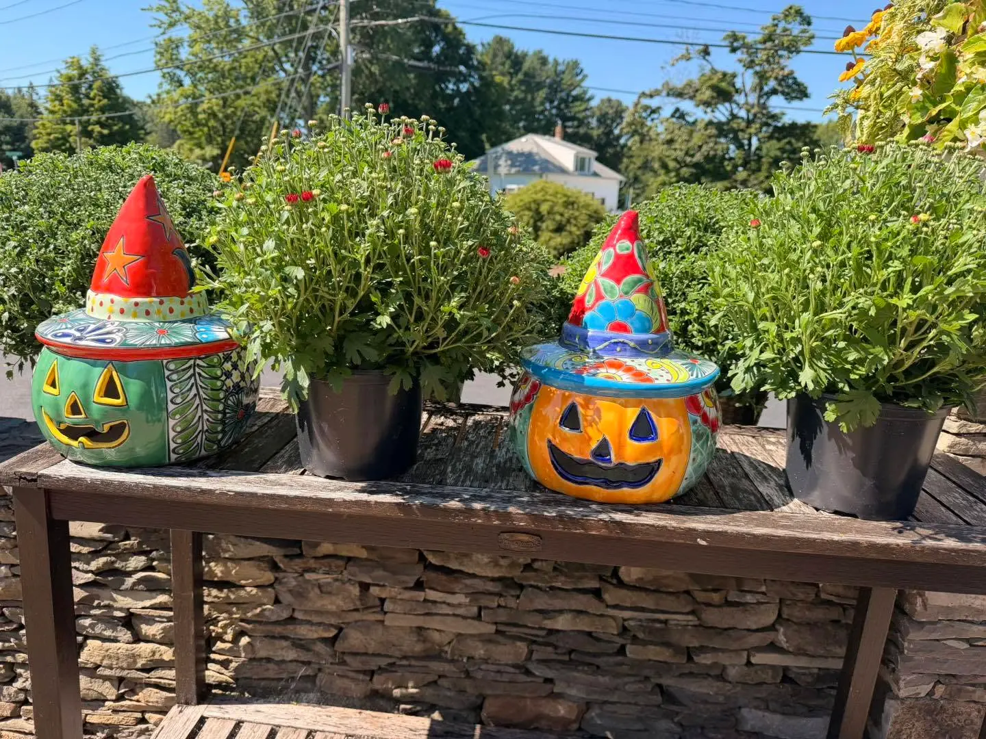 Painted ceramic jack-o'-lantern pots beside potted mums on a bench